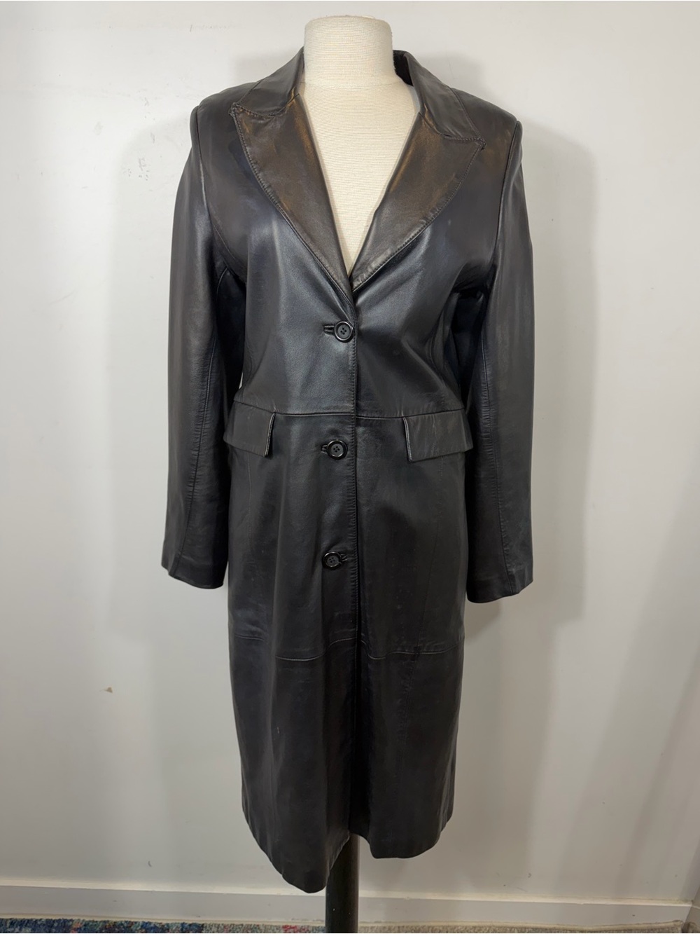 MABRUN Black Genuine Leather Long Blazer Coat Size 44 US 8 Vintage